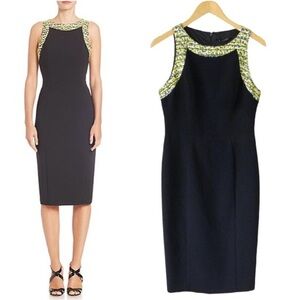 BLACK HALO Geraldine Embroidered Neck Sheath Pencil Dress Black Yellow Trim 12